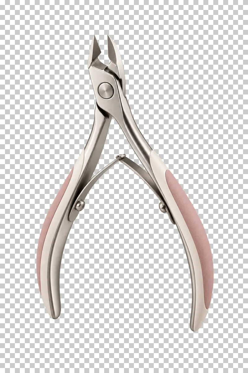 Spring-loaded cuticle nippers with steel jaws and ivory and rose grips.