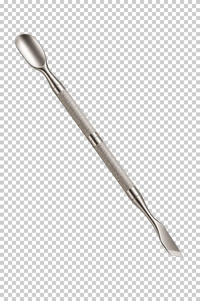 A double-ended steel cuticle pusher with a textured central grip.