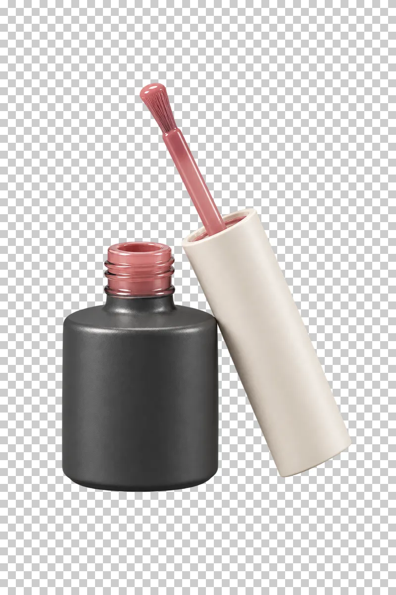 An open graphite gel-polish bottle beside an ivory cap and rose-coated brush.