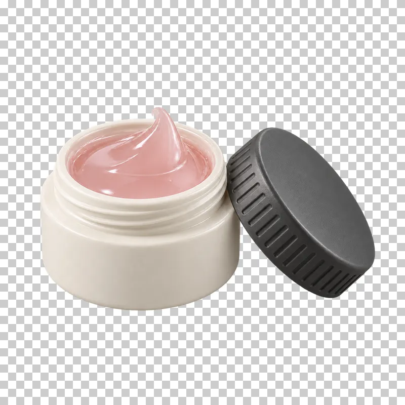An open ivory builder-gel pot holding glossy rose gel beside a graphite lid.