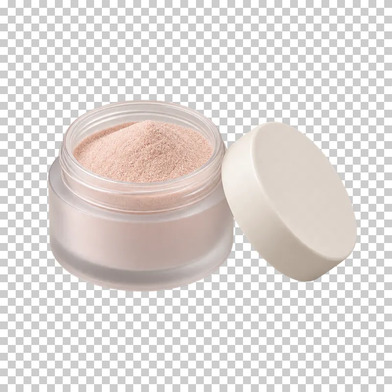 An open clear acrylic-powder jar filled with pale pink powder beside its ivory lid.