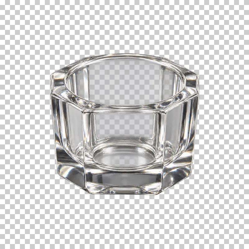 An empty clear faceted glass dappen dish with a thick reflective rim.