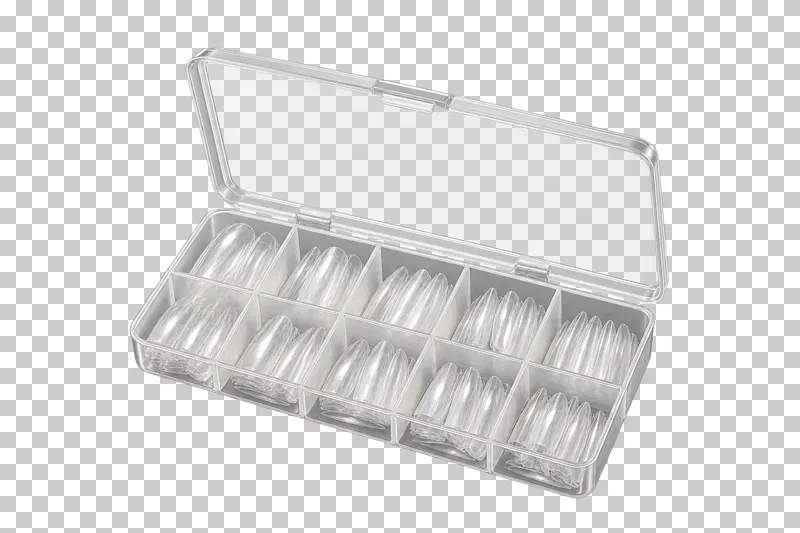 An open clear organizer containing rows of artificial nail tips.