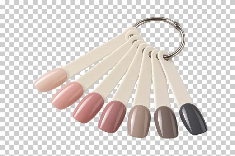 Seven neutral nail-color swatches attached to a metal ring.