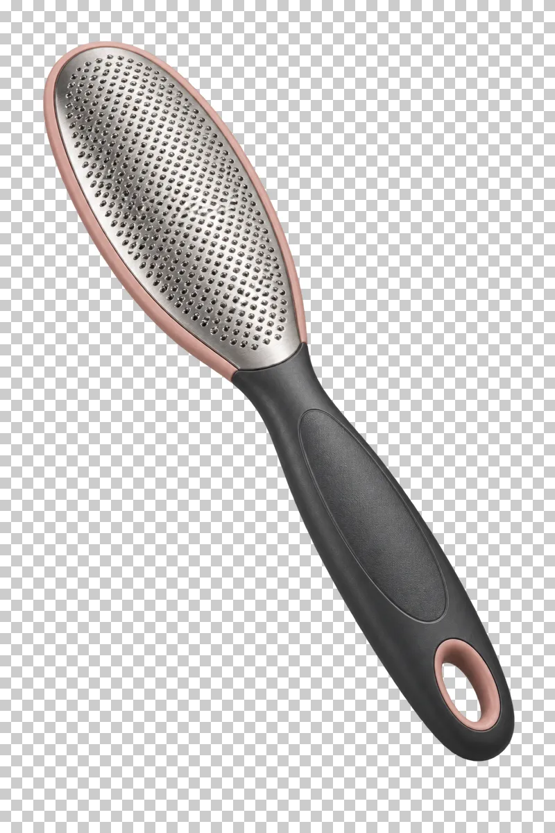 A perforated stainless steel pedicure foot file with a graphite handle.
