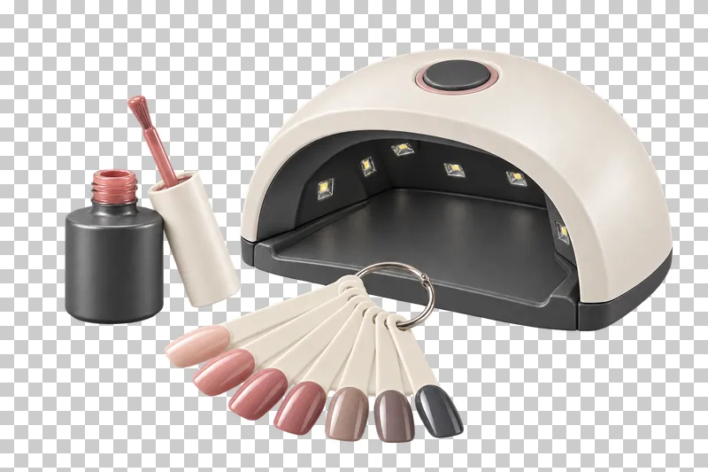 A gel-manicure arrangement with a curing lamp, open polish bottle, brush cap, and swatch fan.