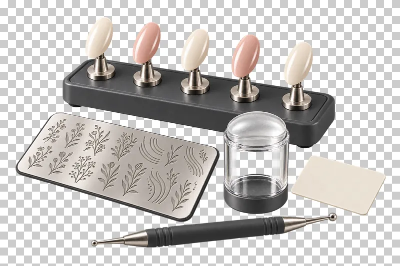 A nail-art arrangement with stamping tools, five display stands, and a double-ended dotting tool.