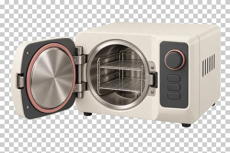 A compact ivory steam-autoclave illustration with an open door and visible steel chamber.
