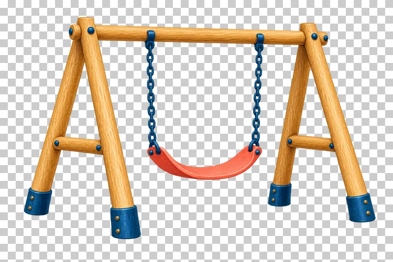 A coral belt-seat swing hangs from two blue chains between matching four-legged timber A-frame supports.