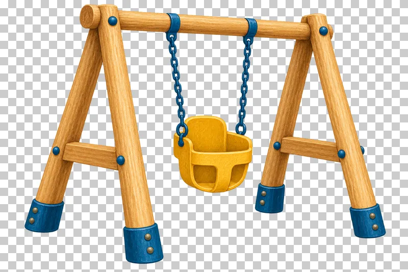 A mustard toddler bucket seat hangs from blue chains inside a timber swing frame.