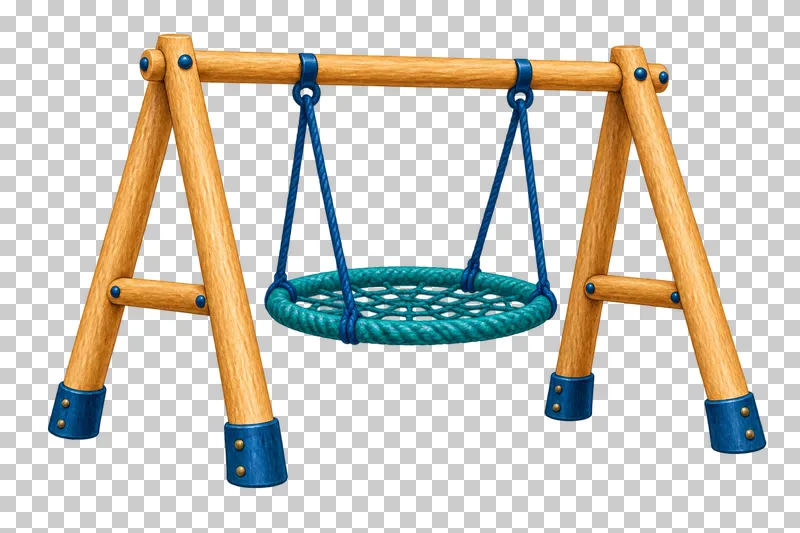 A teal woven nest swing hangs from four blue ropes between matching timber A-frame supports.