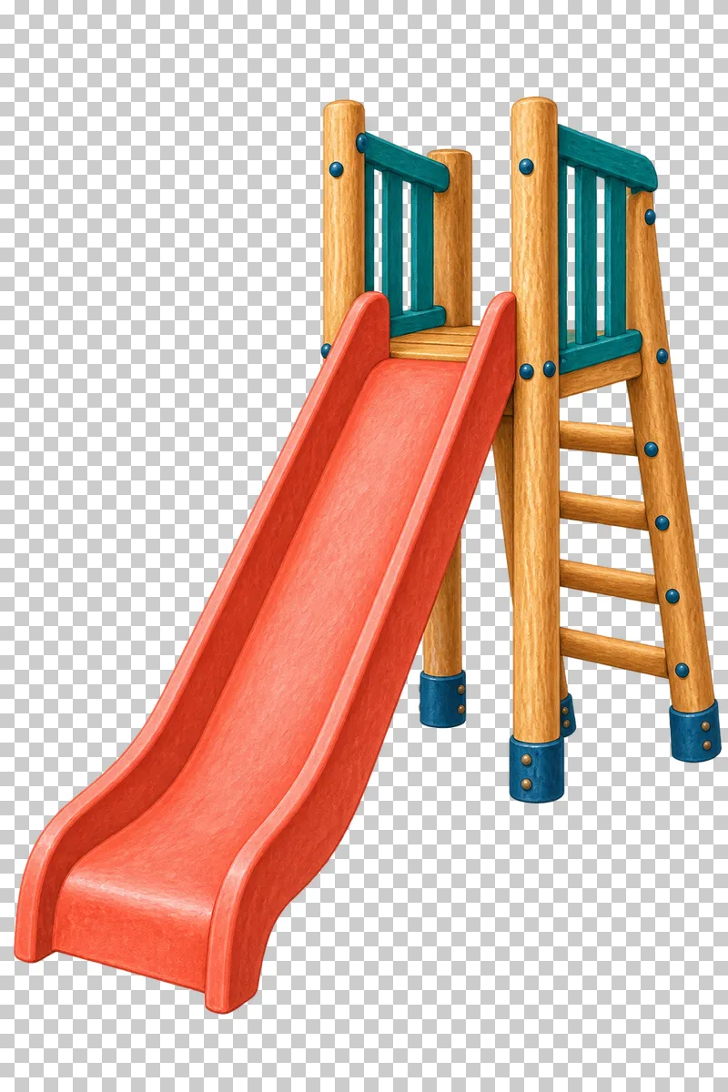 A straight coral playground slide has a timber access ladder and teal handrails.