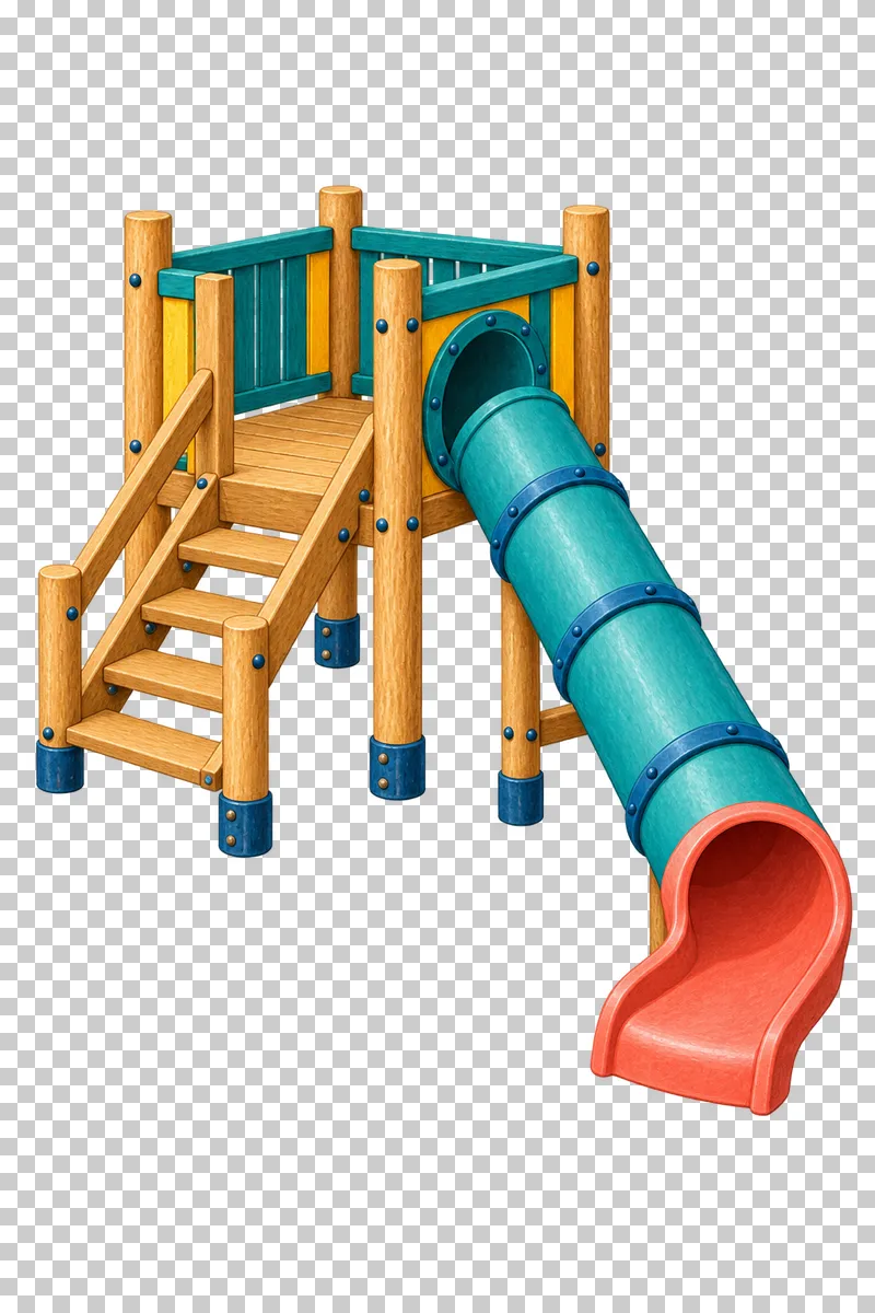 A straight teal enclosed tube slide descends from an open timber landing reached by unobstructed access steps.