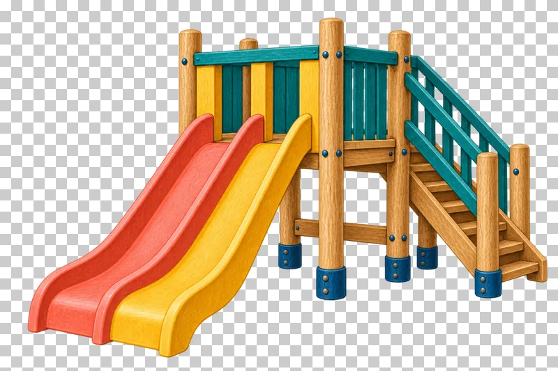 Parallel coral and mustard wave slides share a timber platform and teal-railed stairs.
