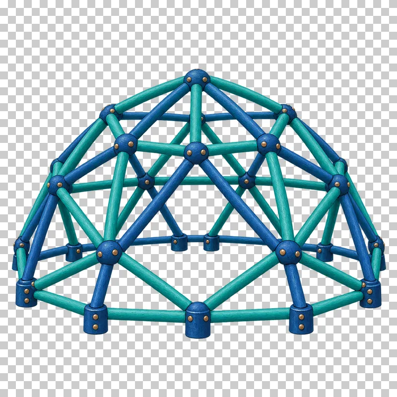 A low climbing dome has teal and blue struts joined into an open triangular frame.