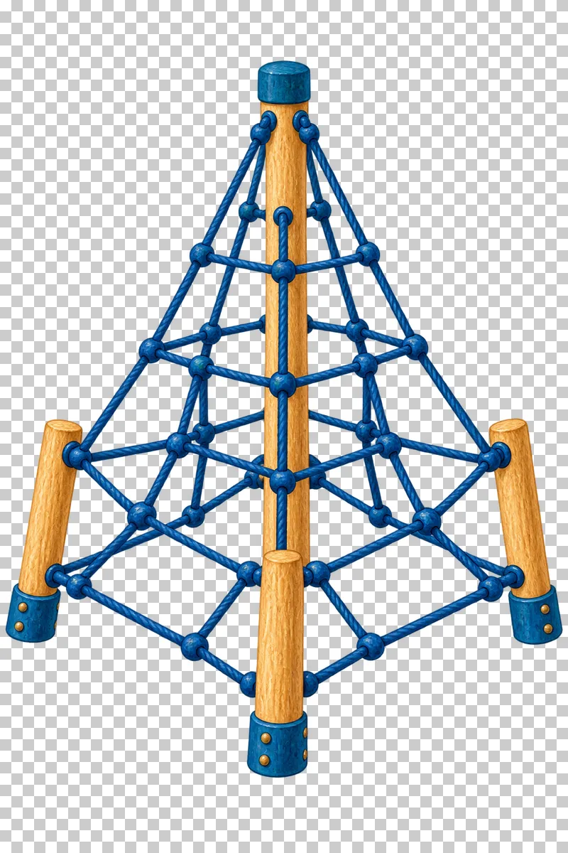 Blue climbing ropes form a pyramid around a tall timber mast and low corner posts.