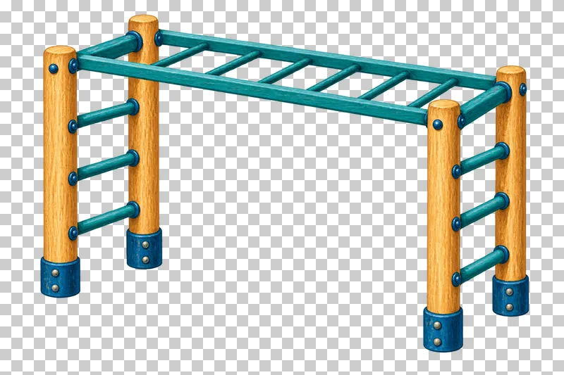 A timber monkey-bar frame has teal overhead rungs and access ladders at both ends.