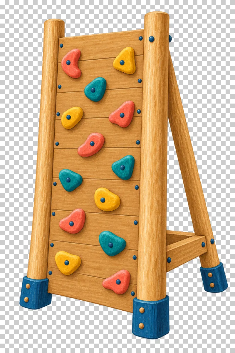 A timber climbing wall carries staggered coral, mustard and teal handholds.