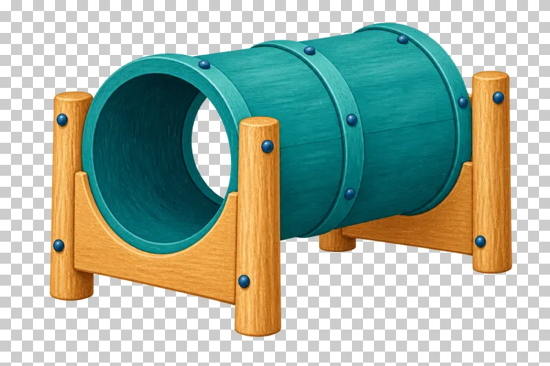 A low teal crawl tunnel with open ends rests in two timber cradle supports.
