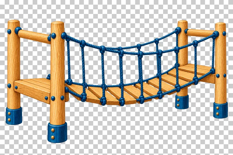 A short bridge has timber walking planks, four posts and continuous blue rope handrails.