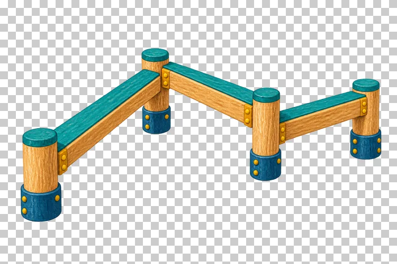 Three teal-topped timber balance beams connect in a low zigzag course.