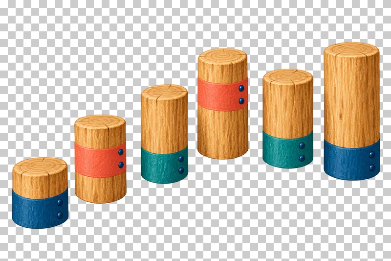 Six timber stepping logs of varied heights have blue, coral and teal painted bands.