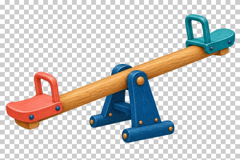 A timber seesaw has coral and teal seats with handles on a sturdy blue central pivot.