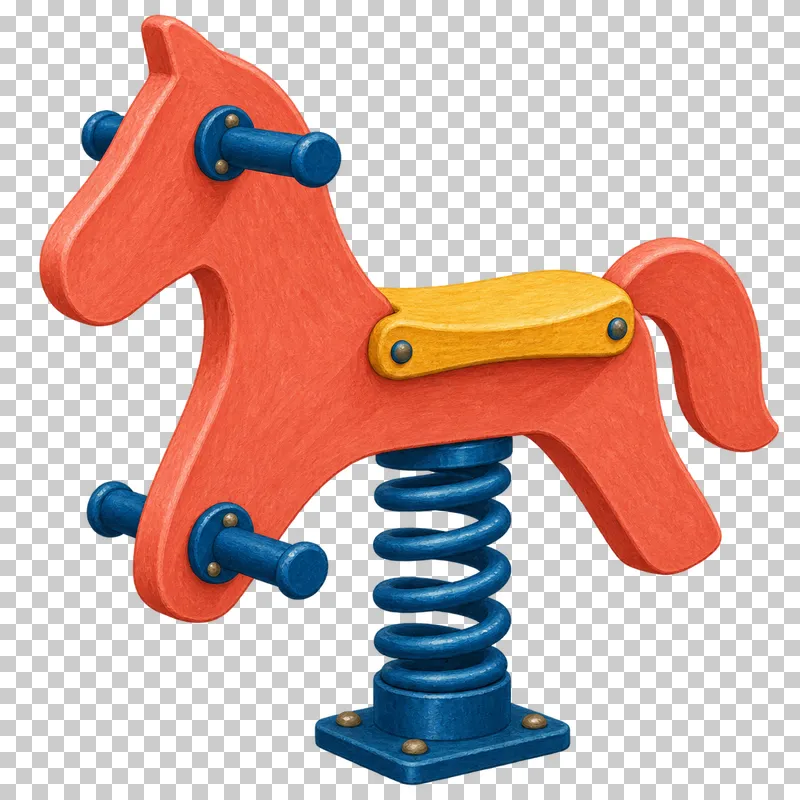 A coral horse-shaped playground rider has a mustard seat, blue grips and a visible coil spring.