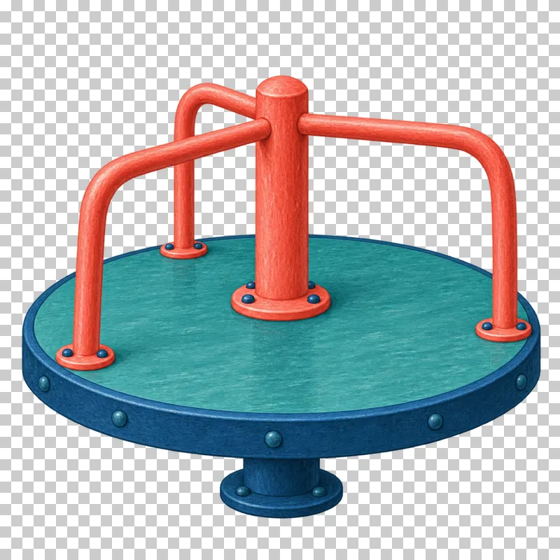 A teal circular roundabout deck has coral handrails and a compact blue pedestal.