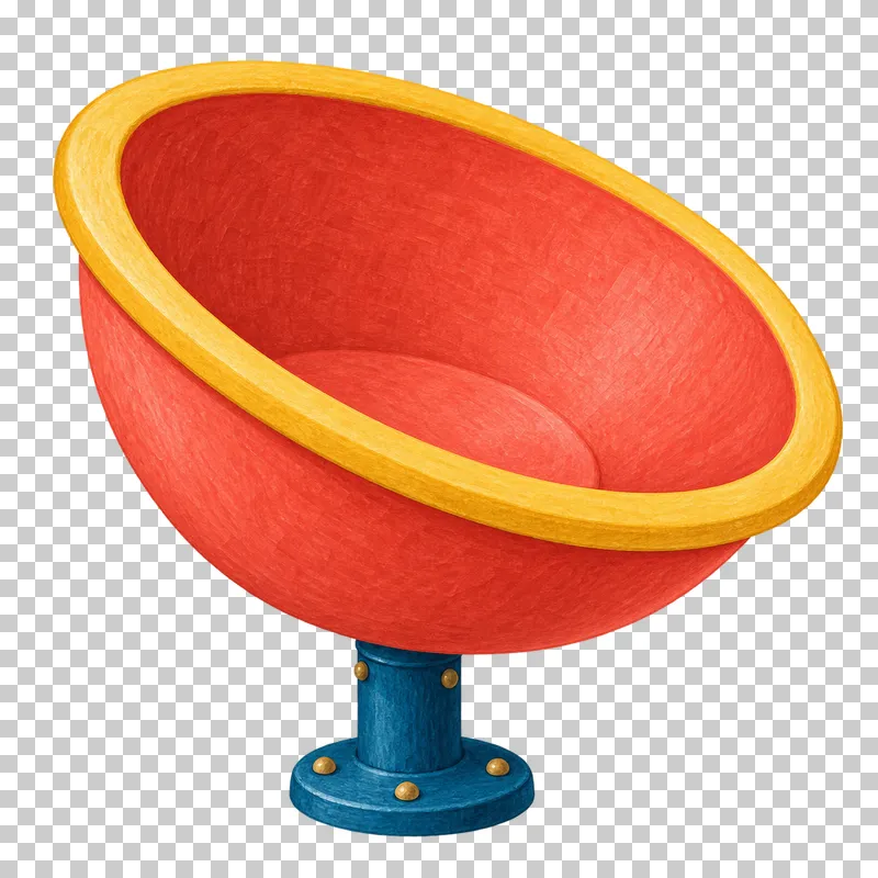 A coral spinning bowl seat with a mustard rim tilts on a low blue post.