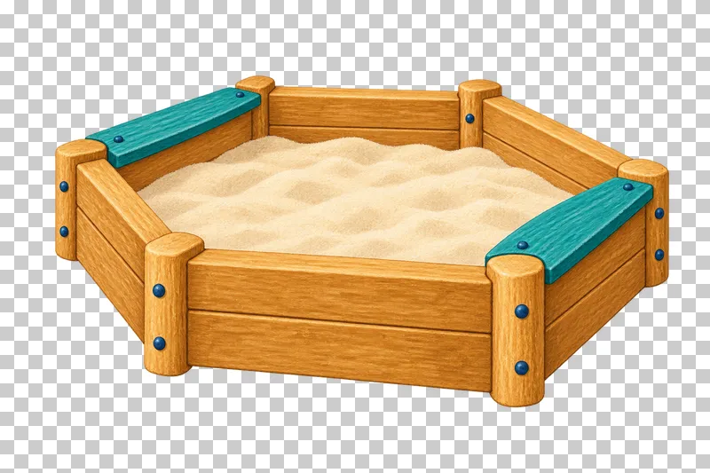 A hexagonal timber sandbox holds pale sand and has two teal sitting ledges.