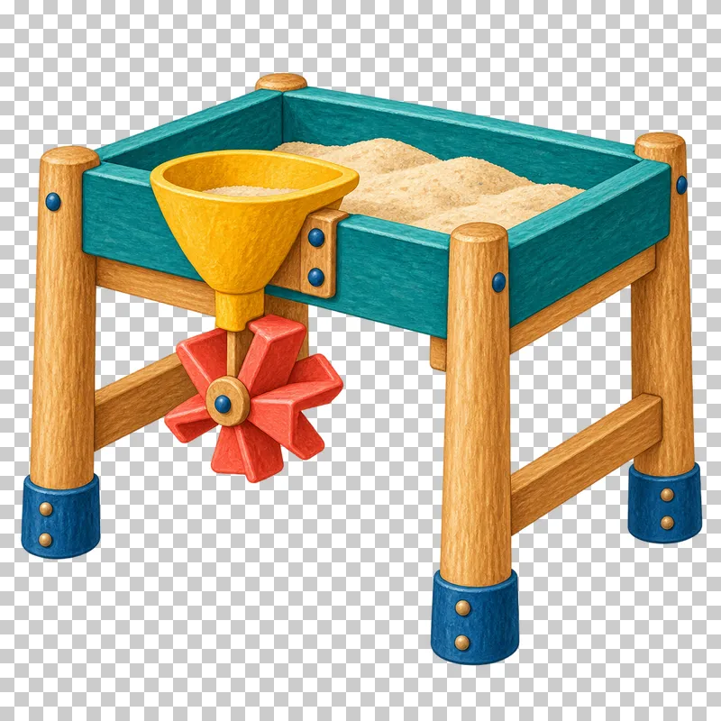A raised teal sand table has timber legs, a mustard funnel and a coral paddle wheel.