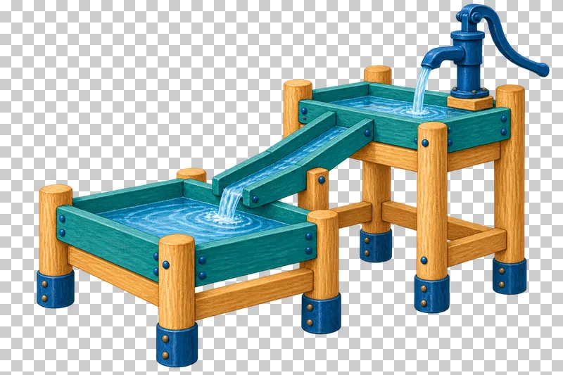 Two teal water troughs are joined by a sloping channel beneath a blue hand pump.