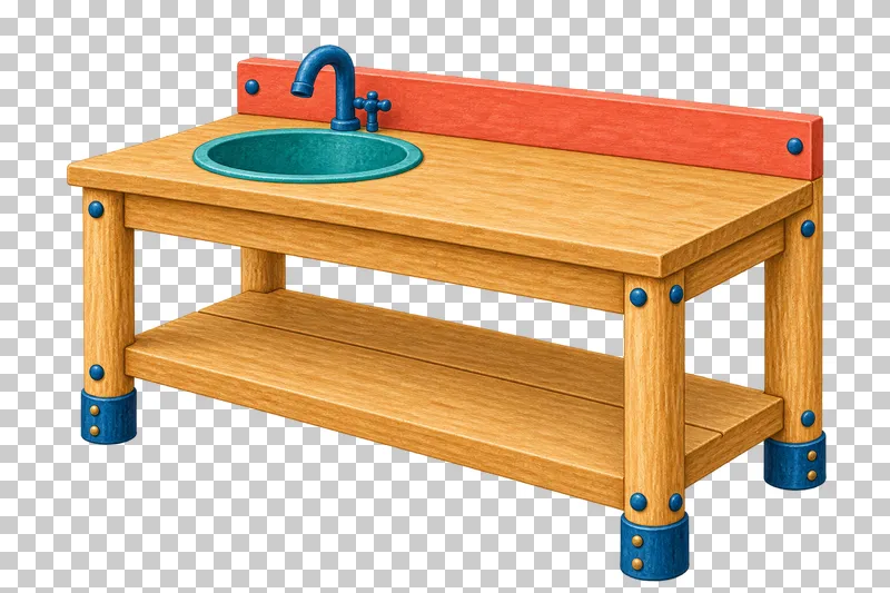 A rectangular timber mud kitchen has a round teal basin, blue faucet, low coral backsplash and aligned open shelf.