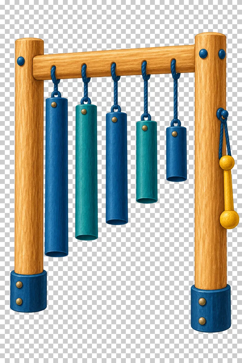 Five blue and teal chime tubes hang from a timber frame beside a tethered mustard mallet.