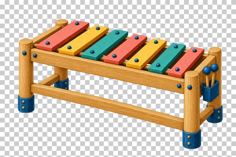 Seven graduated coral, mustard and teal xylophone bars sit on a rectangular four-legged timber stand with two stored mallets.