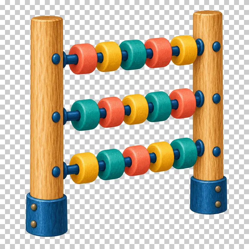 Three blue rods carry coral, mustard and teal abacus beads between timber posts.