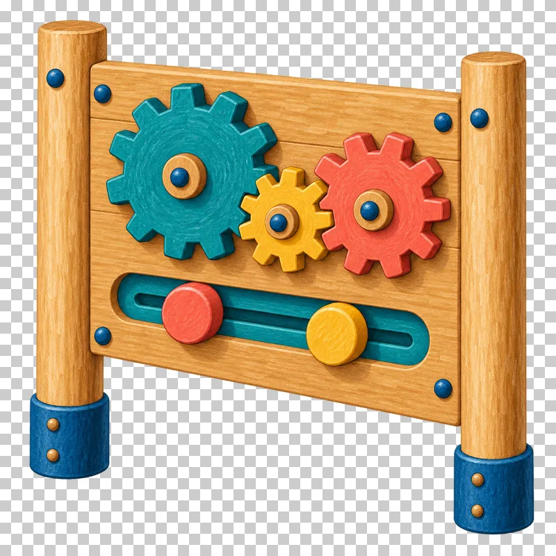 A timber sensory panel holds three colored gears and two captive sliding knobs.