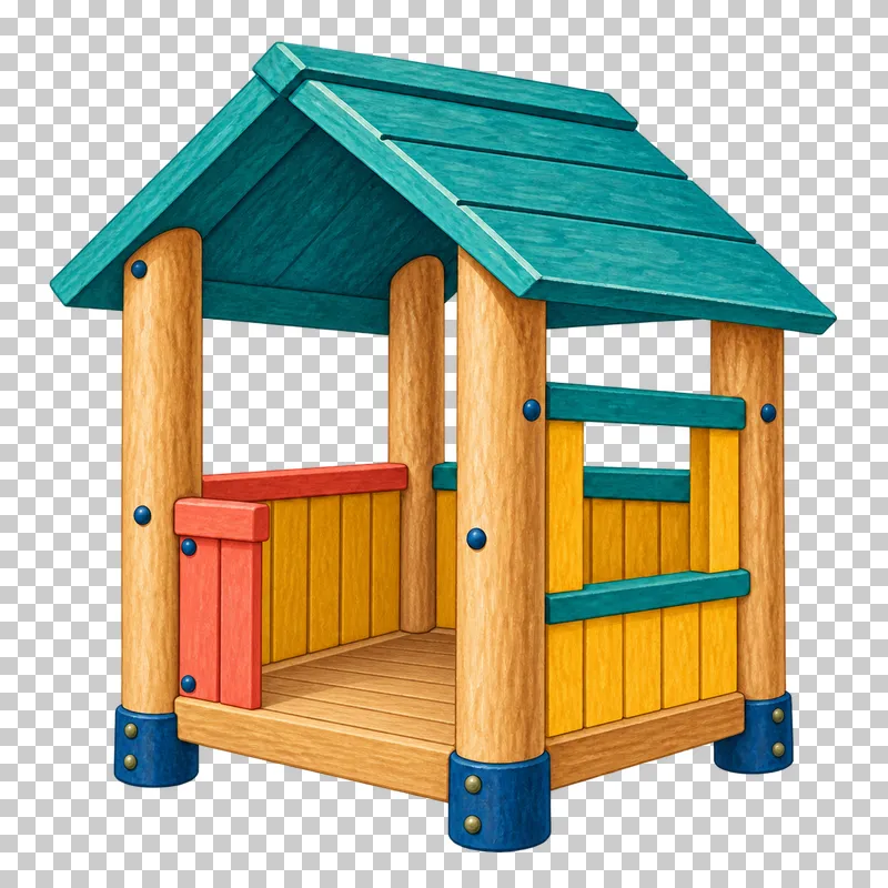 A small timber playhouse has a teal pitched roof, a clear front doorway and a yellow side wall with an open window.