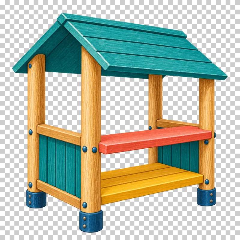A timber play shop kiosk has a teal roof, coral service counter and mustard lower shelf.