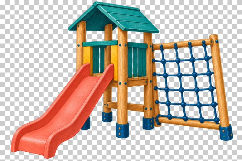 A timber play tower has a teal roof, coral straight slide and blue rope climbing net.