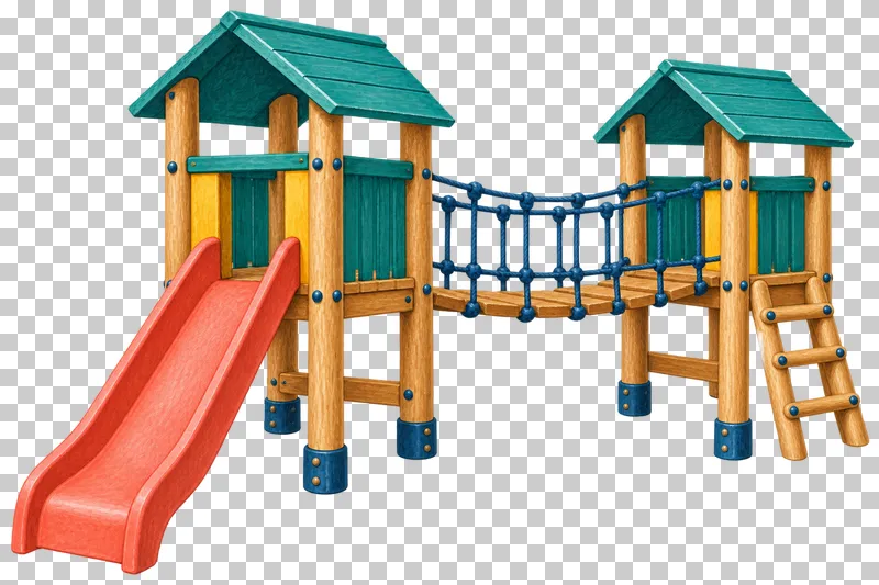 Two roofed timber play towers are joined by a rope bridge beside a coral slide and an access ladder.