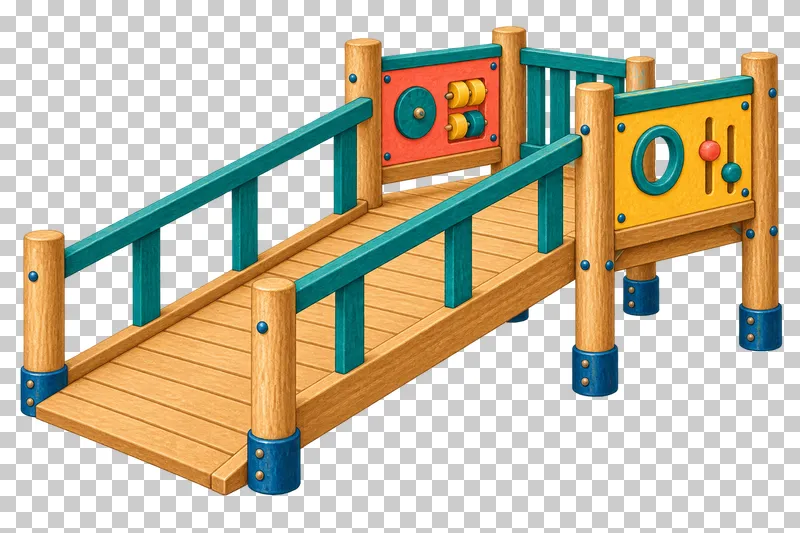 A low timber play deck has a broad ramp, teal handrails and coral and mustard activity panels.