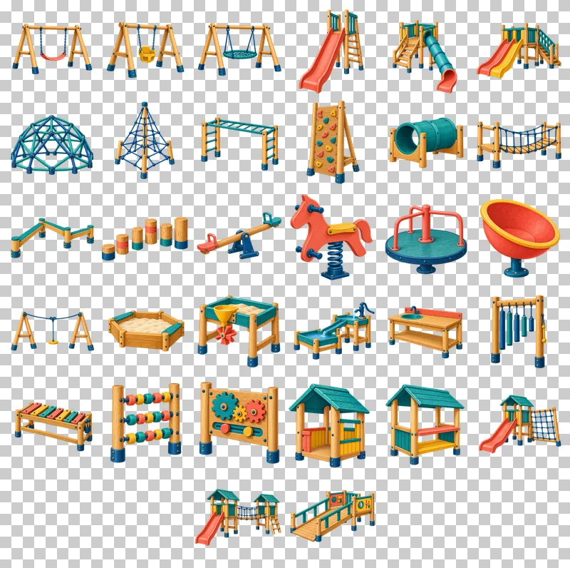 Playground Equipment Gouache PNG Collection: all 32 elements in one grid