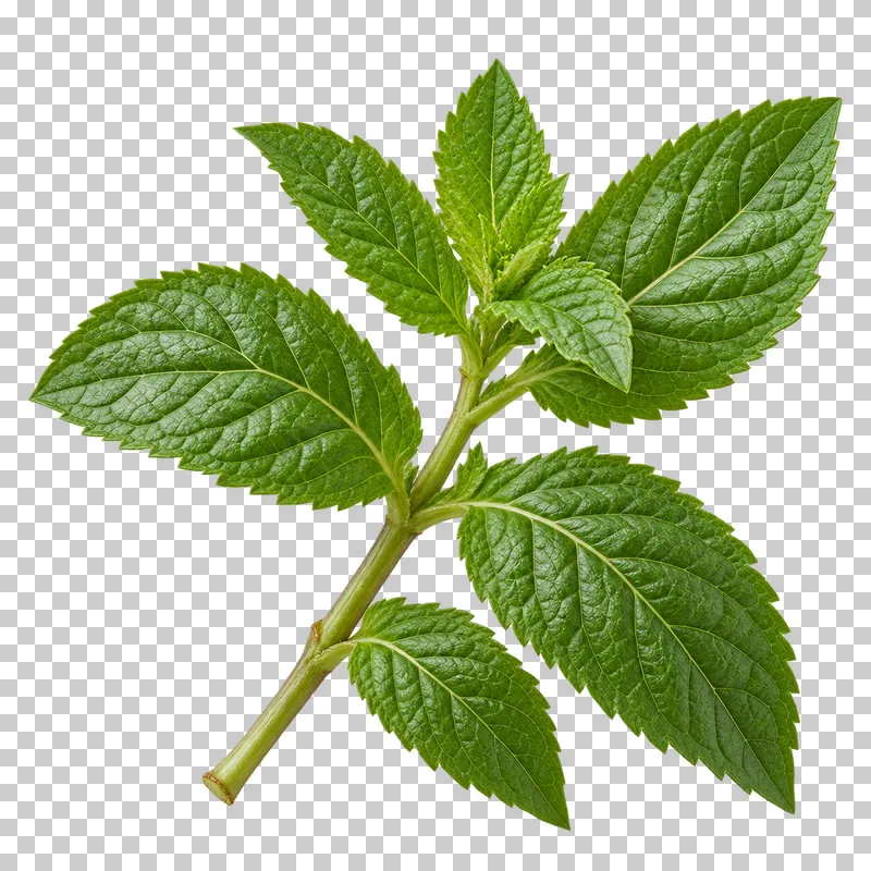 Spearmint sprig with photographic detail, isolated on transparent background.