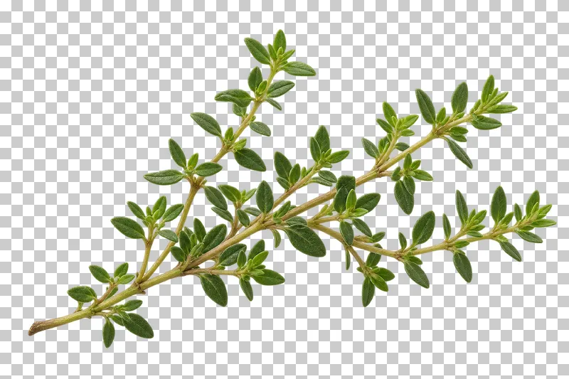 Thyme sprig with photographic detail, isolated on transparent background.