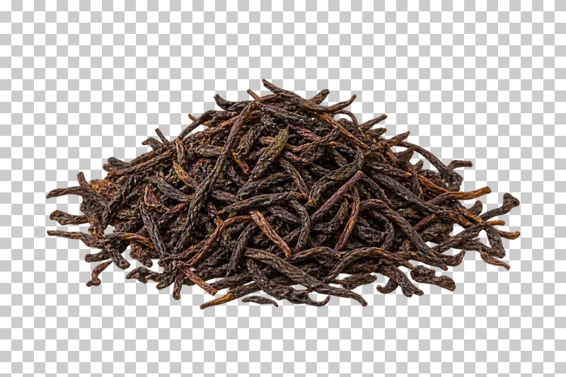 A loose pile of dark twisted black tea leaves.