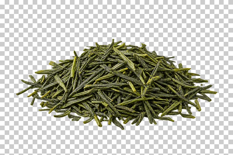 A loose pile of slender green sencha tea leaves.