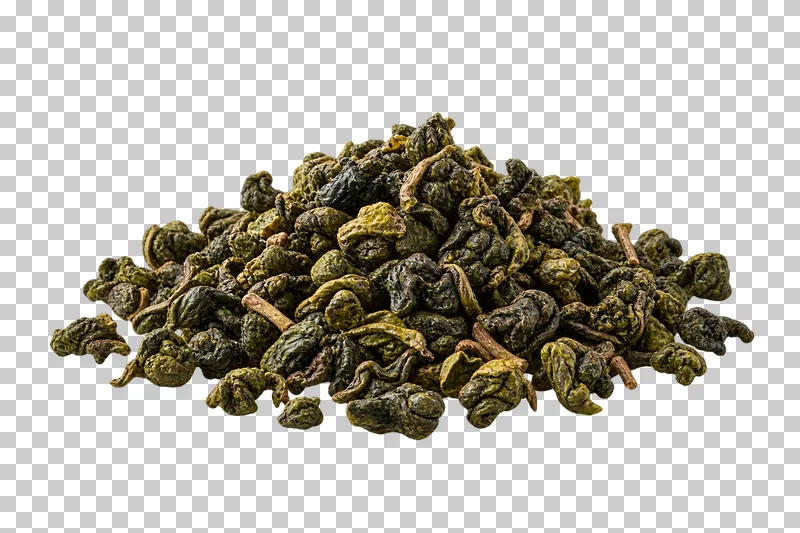 A pile of tightly rolled olive-green oolong tea leaves.