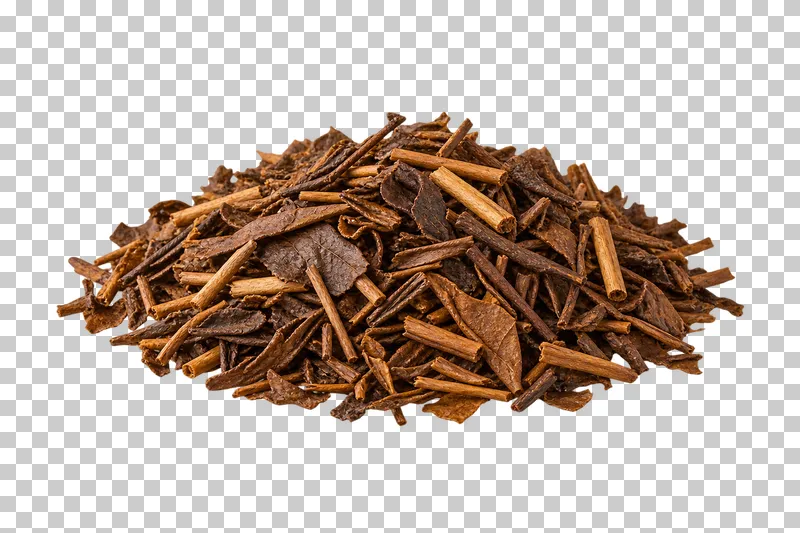 A pile of roasted brown hojicha leaf flakes and short stems.